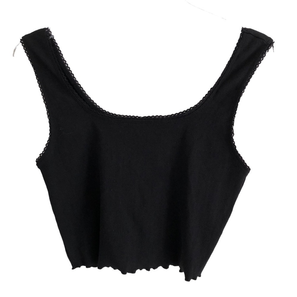 Topshop Black Ribbed Crop Tank Top Lace Trim Lettuce Hem NWT Size US 8 - Picture 3 of 6